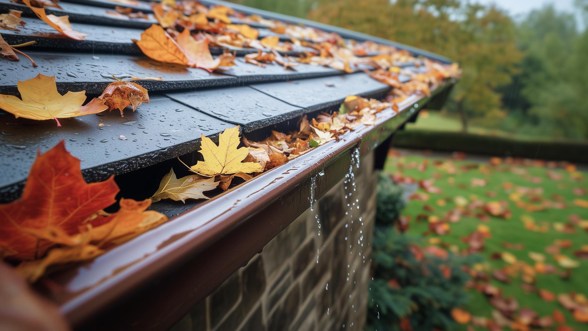 A close-up view of a roof with dark shingles covered in fallen autumn leaves, some leaves in the gutter, and rainwater dripping off the edge. The background shows a blurred garden with trees in fall colors.